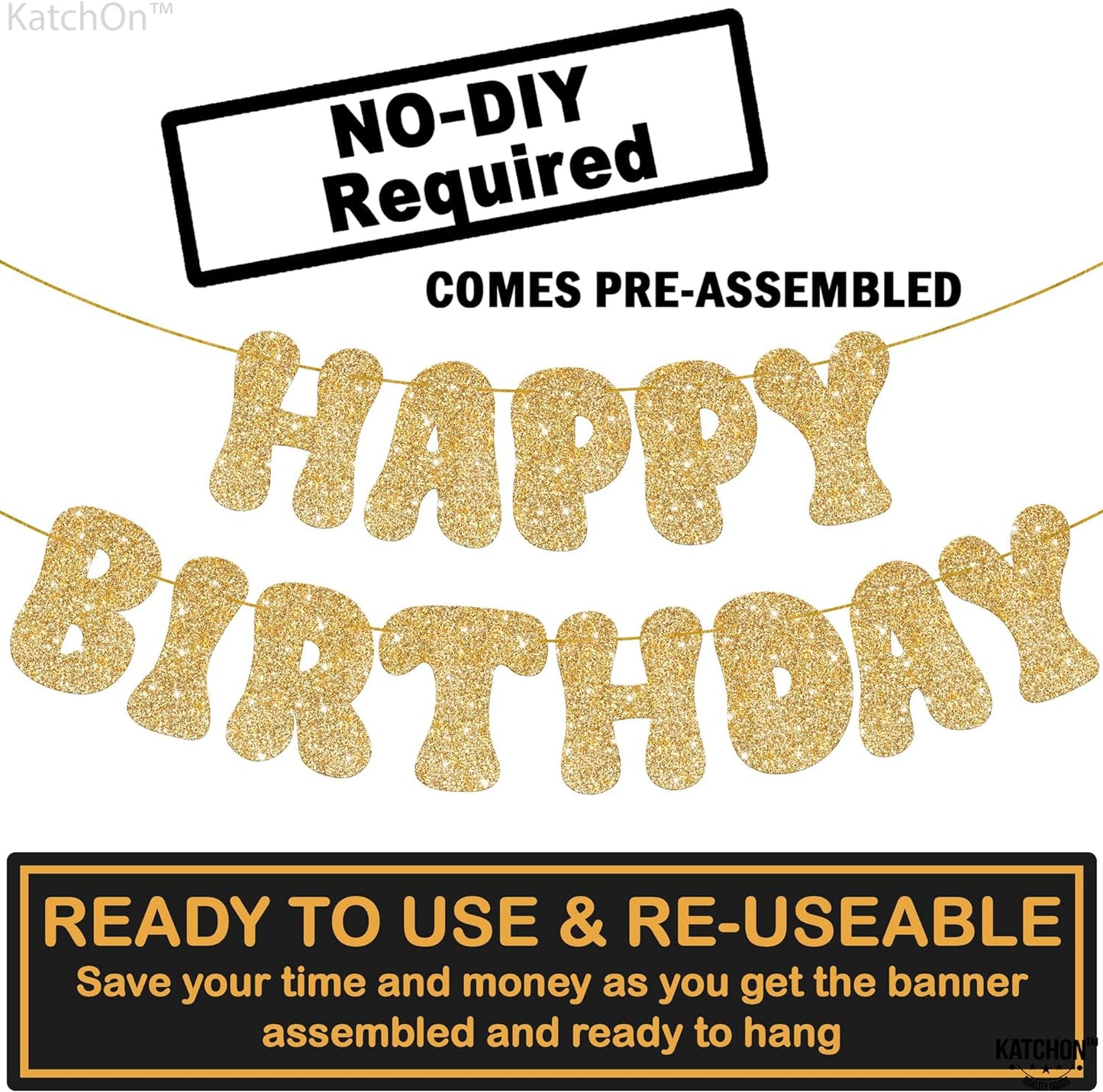 KatchOn, Glitter Gold Happy Birthday Banner Prestrung - 10 Feet | Gold Happy Birthday Sign | Gold Birthday Banner for Happy Birthday Decorations | Happy Birthday Gold Banner for Gold Birthday Decor