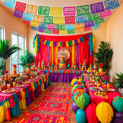 KatchOn, Xtralarge Felt Mexican Party Banner - 6 Strings, 54 Pcs 12x16 each | Dia De los Muertos Decorations, Felt Papel Picado Banner | Mexican Banners for Fiesta Party Decorations