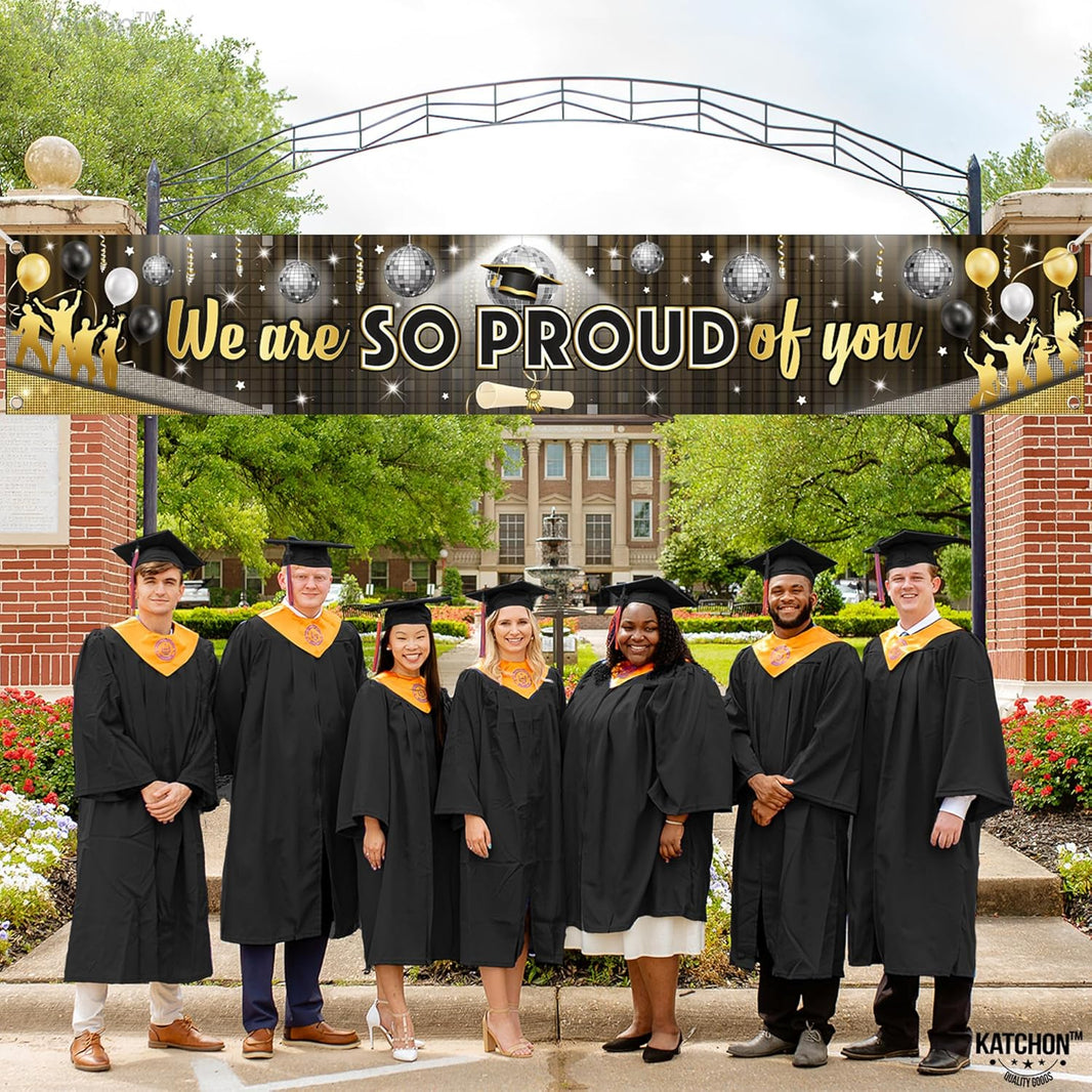 KatchOn, XtraLarge Black We Are So Proud of You Banner - 120x20 Inch | Graduation Decorations 2026 | Black and Gold Graduation Yard Banner for Outdoor Grad Decorations 2026 | 2026 Graduation Banner