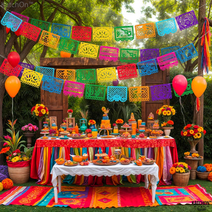 KatchOn, Xtralarge Felt Mexican Party Banner - 6 Strings, 54 Pcs 12x16 each | Dia De los Muertos Decorations, Felt Papel Picado Banner | Mexican Banners for Fiesta Party Decorations