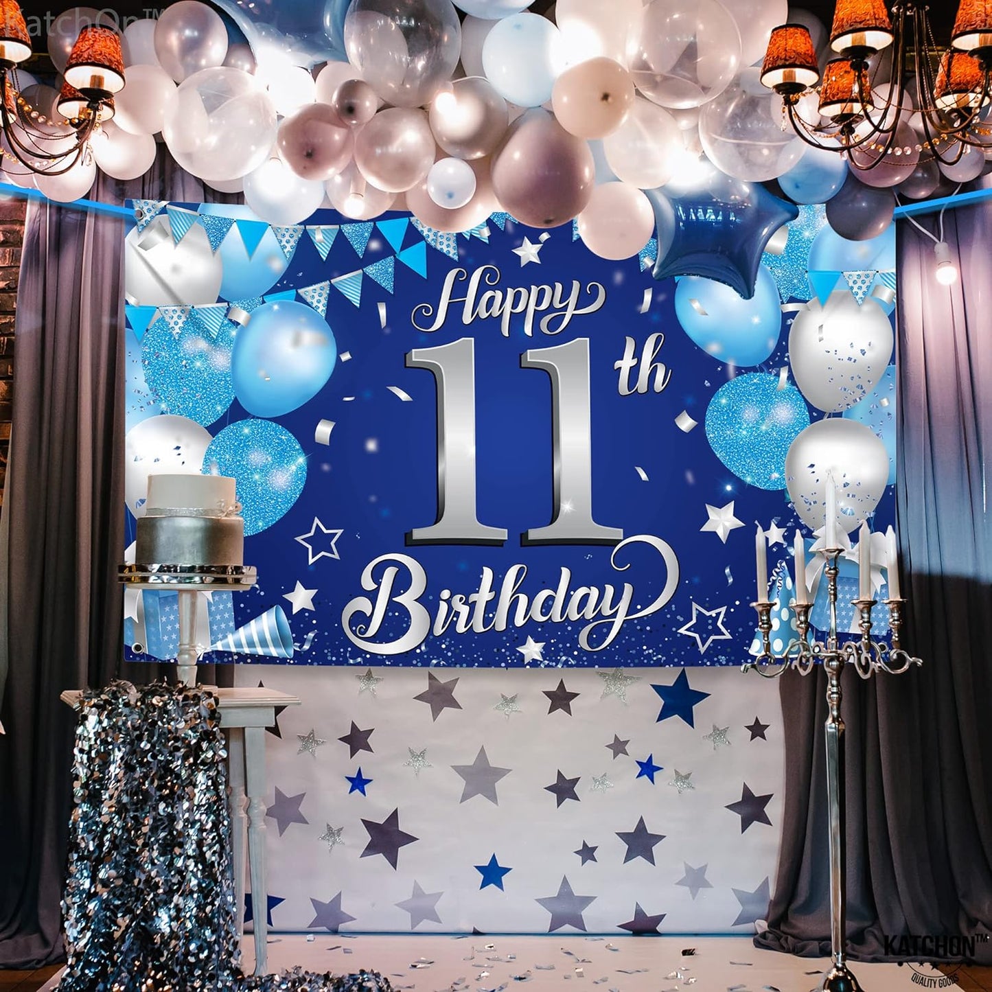 KatchOn, Blue, Silver Happy 11th Birthday Banner - Large, 72x44 Inch | 11th Birthday Decorations for Girls | 11th Birthday Banner, 11 Year Old Birthday Decorations | 11th Birthday Decorations for Boys