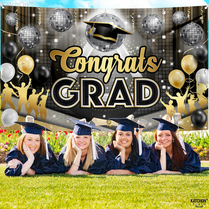 KatchOn, XtraLarge Congrats Grad Banner - 72x44 Inch | Graduation Backdrop Class of 2026 for Black and Gold Graduation Decorations 2026 | Disco Grad Banner