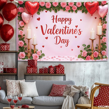 KatchOn, Happy Valentines Day Backdrop - XtraLarge, 72x44 Inch | Pink and Red Valentines Backdrop for Valentines Day Decorations | Happy Valentines Day Sign | Valentines Day Banner, Valentines Décor