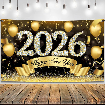 KatchOn, XtraLarge Happy New Year Banner 2026 - 72x44 Inch | New Year Backdrop for Happy New Years Decorations 2026 | Eve Banner 2026 | NYE Decorations 2026 | Indoor Outdoor Celebration Photography Background