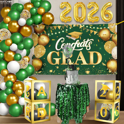 Graduation Decorations 2026 | Green and Gold - Pack of 76 | Congrats Grad Banner | Green Graduation Banner and Grad Balloon Boxes | Graduation Balloon Arch Kit 2026 Graduation Decorations, KatchOn