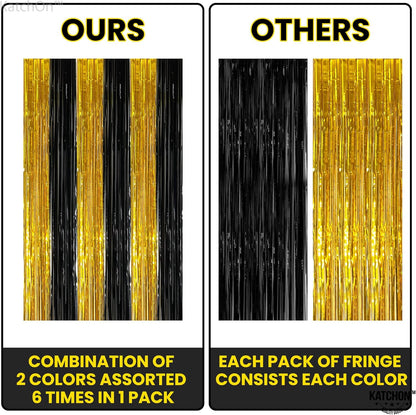 KatchOn, Xtralarge Black and Gold Streamers - 3.2x8 Ft, Pack of 2 | Gold and Black Foil Fringe Curtains for Birthday, Anniversary, Enegagment, Bachelorette Party Decorations | Halloween Decorations