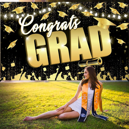 KatchOn, Congrats Grad Backdrop - XtraLarge, 72x44 Inch | Black and Gold Graduation Backdrop 2026 for 2026 Graduation Decorations | Congrats Grad Banner, 2026 Graduation Party Decorations