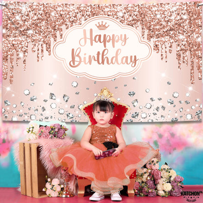 KatchOn, XtraLarge Rose Gold Happy Birthday Banner - 72x44 Inch | Birthday Decorations for Women, Girls | Backdrop Banner For Rose Gold Party Decorations | Princess Party Decorations