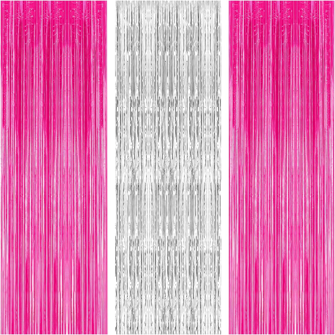 KatchOn, Hot Pink and Silver Fringe Backdrop - XtraLarge, 3.2x8 Feet, Pack of 3 | Silver & Pink Backdrop for Birthday Party Decorations, Bachelorette Party Decorations | Graduation Decoration 2025