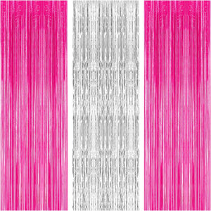 KatchOn, Hot Pink and Silver Fringe Backdrop - XtraLarge, 3.2x8 Feet, Pack of 3 | Silver & Pink Backdrop for Birthday Party Decorations, Bachelorette Party Decorations | Graduation Decoration 2025