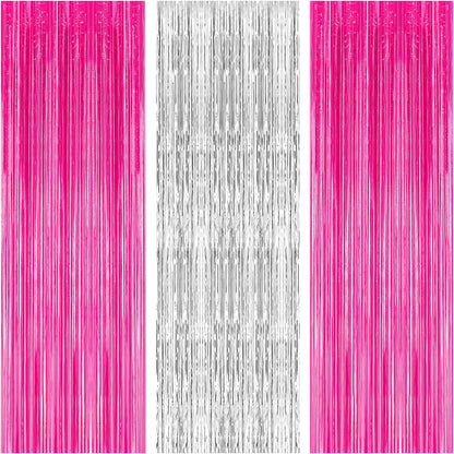 KatchOn, Hot Pink and Silver Fringe Backdrop - XtraLarge, 3.2x8 Feet, Pack of 3 | Silver & Pink Backdrop for Birthday Party Decorations, Bachelorette Party Decorations | Graduation Decoration 2025