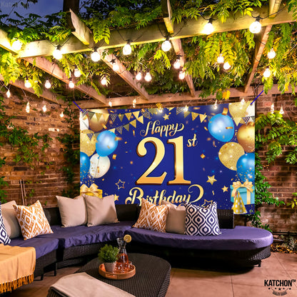 KatchOn, Blue and Gold Happy 21st Birthday Banner - XtraLarge, 72x44 Inch | Blue and Gold Backcrop Banner for 21st Happy Birthday Decorations  | 21 Party Decorations for Girl