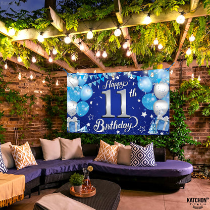 KatchOn, Blue and Silver 11th Happy Birthday Banner - Large, 72x44 Inch | 11th Backdrop Banner for Happy Birthday Decorations | Party Decorations for Boys, 11 Birthday Decorations for Boys