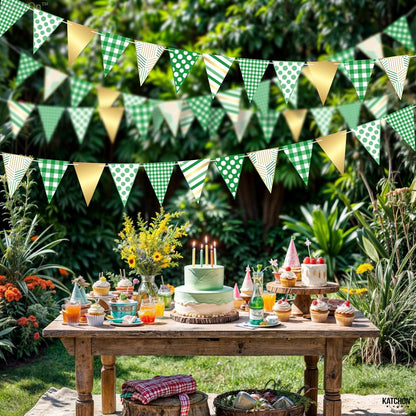 KatchOn, Christmas Pennant Banner Flags - 30 Feet | Gingham Checkered Triangle Fabric Bunting Garland Green, White and Gold | Party Decorations for Birthday, And Christmas Wall Decorations Indoor