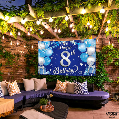 KatchOn, XtraLarge Silver and Blue Happy 8th Birthday Banner - 72x44 Inch | 8th Backdrop for Happy Birthday Decorations | Blue and Silver Party Decorations