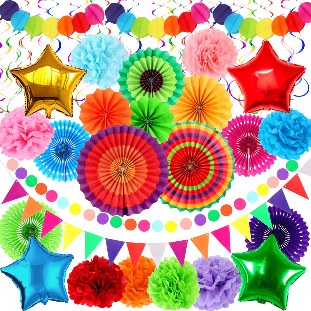 KatchOn, Cinco De Mayo Decorations Set - Pack of 37 | Fiesta Paper Fans, Fiesta Party Decorations | Mexican Banner, Cinco De Mayo Pom Poms | Star Fiesta Balloons and Swirls | Fiesta Decorations