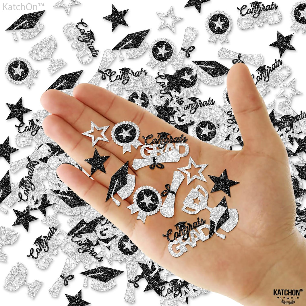 KatchOn, Glitter, Silver and Black Graduation Confetti - Pack of 300 | Graduation Hat, Star Confetti for Graduation Decorations 2026 | Congrats Grad Confetti for 2026 Graduation Table Decorations