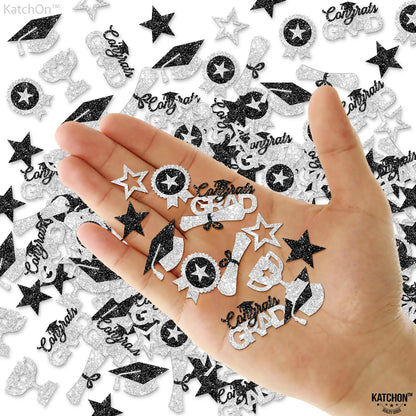 KatchOn, Glitter, Silver and Black Graduation Confetti - Pack of 300 | Graduation Hat, Star Confetti for Graduation Decorations 2026 | Congrats Grad Confetti for 2026 Graduation Table Decorations