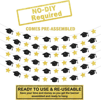 Graduation Decorations 2026, Graduation Cap Garland - 10 Feet, No DIY | Grad Garland Class of 2026, Black and Gold Grad Decorations 2026 | Grad Cap Decor for 2026 Graduation Decorations - KatchOn