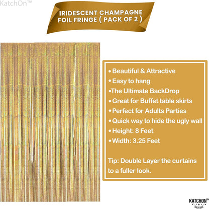 KatchOn, Champagne Gold Fringe Curtain Backdrop - Large, 6.4x8 Feet, Pack of 2 | Iridescent Gold Backdrop Curtain, Gold Photo Backdrop | Gold Foil Curtain Backdrop, Golden Birthday Party Decorations