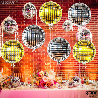 KatchOn, Large Gold and Silver Disco Ball Balloons - 22 Inch, Pack of 6 | 4D Sphere Disco Balloons for Disco Party Decorations, Bachelorette Party Decorations | 70s Party Decoration