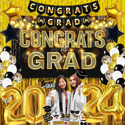 KatchOn, Black and Gold Graduation Decorations Class of 2024 - Huge, Pack of 65 | Congrats Grad Banner, Gold Foil Fringe Curtain | Gold 2024 Graduation Balloons for Graduation Party Decorations 2024