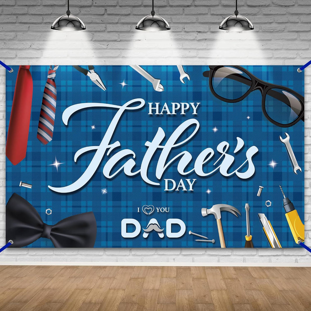 KatchOn, Blue Happy Fathers Day Banner Backdrop - XtraLarge, 72x44 Inch | Blue Happy Fathers Day Decorations for Party | Happy Father's Day Backdrop for Party | I Love You Dad Banner