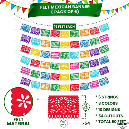 KatchOn, Xtralarge Felt Mexican Party Banner - 6 Strings, 54 Pcs 12x16 each | Dia De los Muertos Decorations, Felt Papel Picado Banner | Mexican Banners for Fiesta Party Decorations