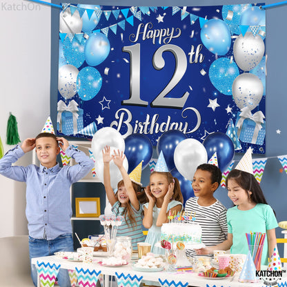 KatchOn, Blue Happy 12th Birthday Banner - 72x44 Inch, Big | Blue and Silver Happy Birthday Backdrop | Birthday Decorations for Men | Happy Bday Banner for 12th Birthday Party Decorations