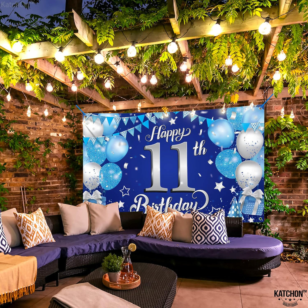 KatchOn, Blue, Silver Happy 11th Birthday Banner - Large, 72x44 Inch | 11th Birthday Decorations for Girls | 11th Birthday Banner, 11 Year Old Birthday Decorations | 11th Birthday Decorations for Boys