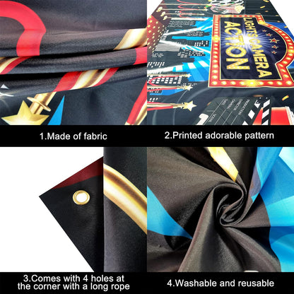 KatchOn, Lights Camera Action Backdrop - Large, 72x44 Inch | Movie Theme Party Decorations, Oscar Party Decorations | Lights Camera Action Decorations | Hollywood Backdrop for Movie Party Decorations