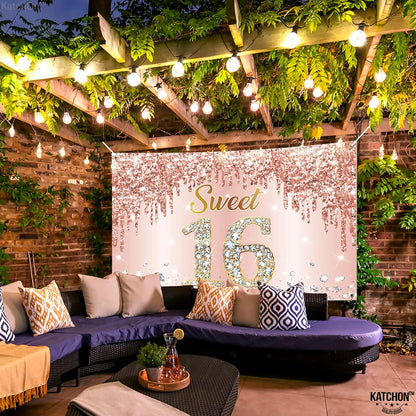 KatchOn, Rose Gold Sweet 16 Banner - Large, 72x44 Inch | Sweet 16 Party Decorations | Sweet 16 Backdrop for Sweet 16 Birthday Decorations | Sweet 16 Birthday Banner, Sweet Sixteen Party Decorations
