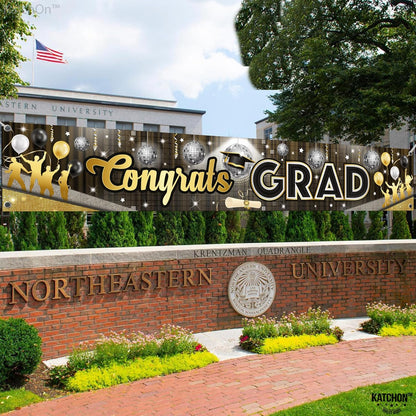 KatchOn, XtraLarge Congrats Grad Banner - 120x20 Inch | Disco Graduation Backdrop 2026, Black and Gold Graduation Decorations 2026 | Graduation Banner, Graduation Decorations Class of 2026