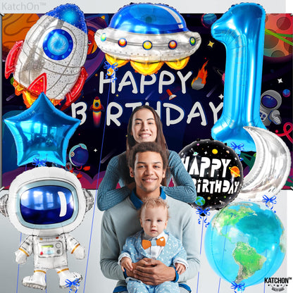KatchOn, Big Space Balloons First Birthday Set - 40 Inch, Pack of 8 | First Trip Around The Sun Balloons, Number 1 Balloon | Blue Space Birthday Balloons for First Trip Around The Sun Decorations