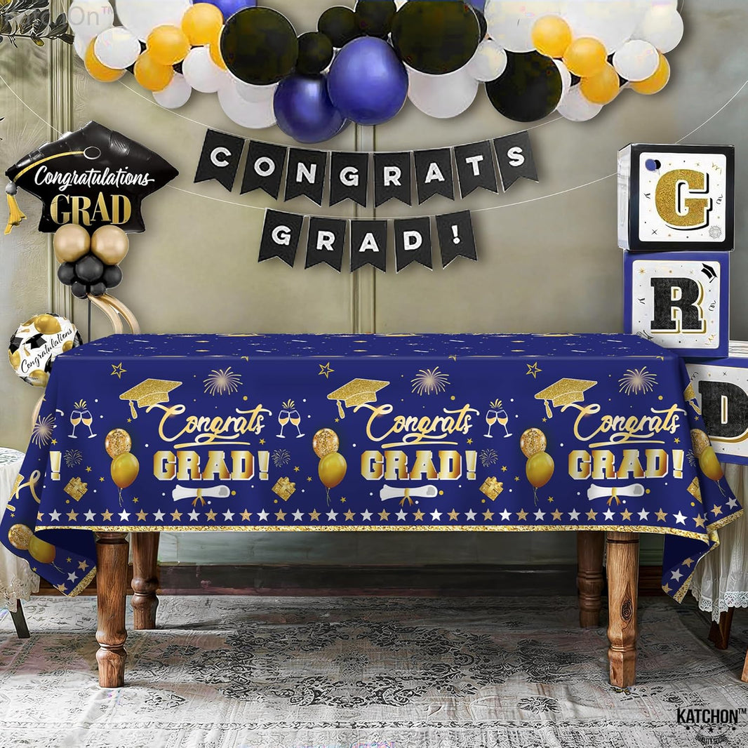 KatchOn, Blue and Gold Graduation Tablecloth - XtraLarge 54x108 Inch, Pack of 3 | Congrats Grad Tablecloth for Graduation Decorations 2026 | Grad Table Decorations 2026, Grad Party Supplies