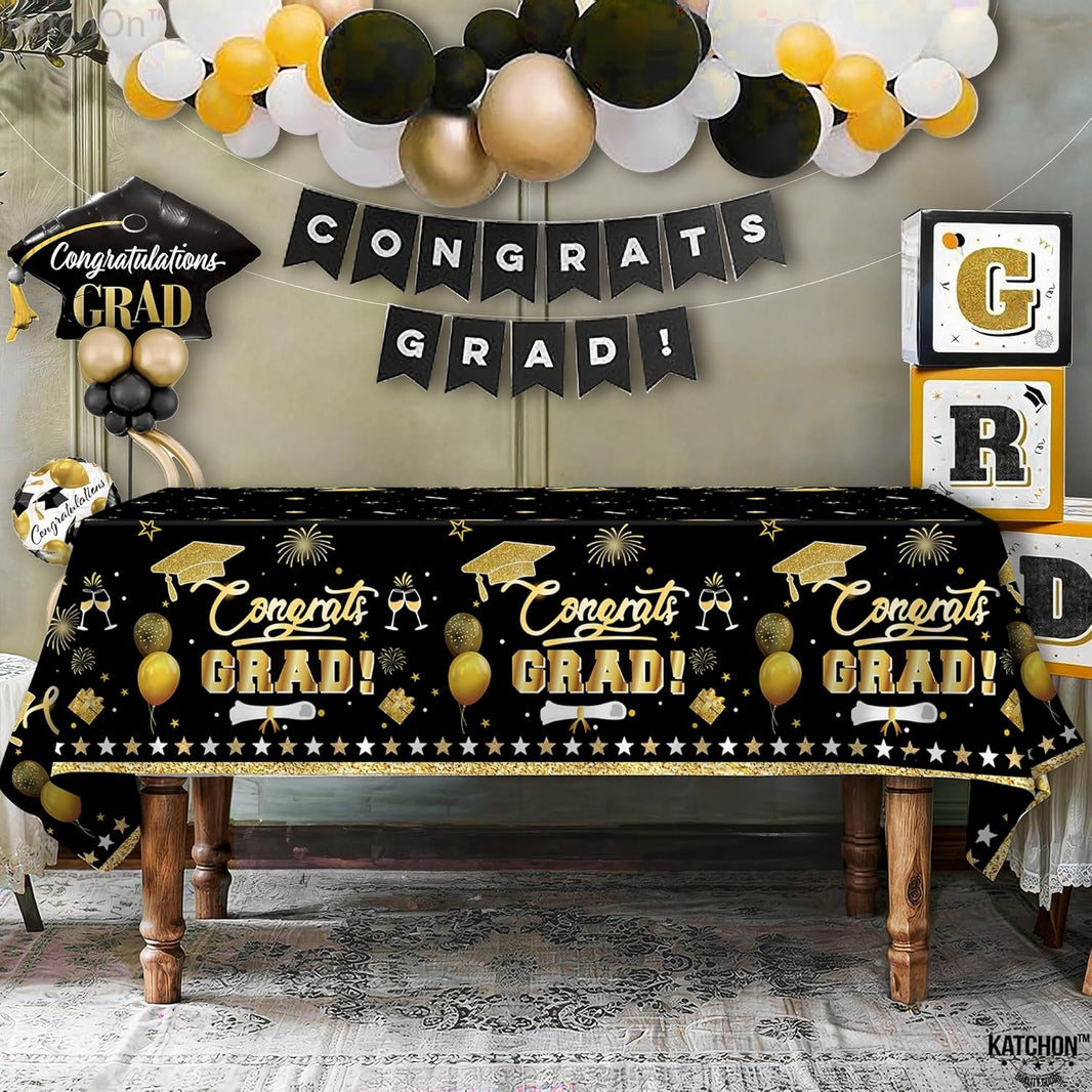 KatchOn, Black and Gold Graduation Decoration 2026 - XtraLarge 54x108 Inch, Pack of 3 | Congrats Grad Tablecloth for 2026 Graduation Decorations | Graduations Table Decorations, Grad Party Supplies