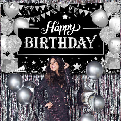 KatchOn, Black and Silver Happy Birthday Banner - 72x44 Inch | Black and Silver Birthday Banner for Men | Happy Birthday Backdrop for Happy Birthday Decorations | Black and Silver Birthday Decorations