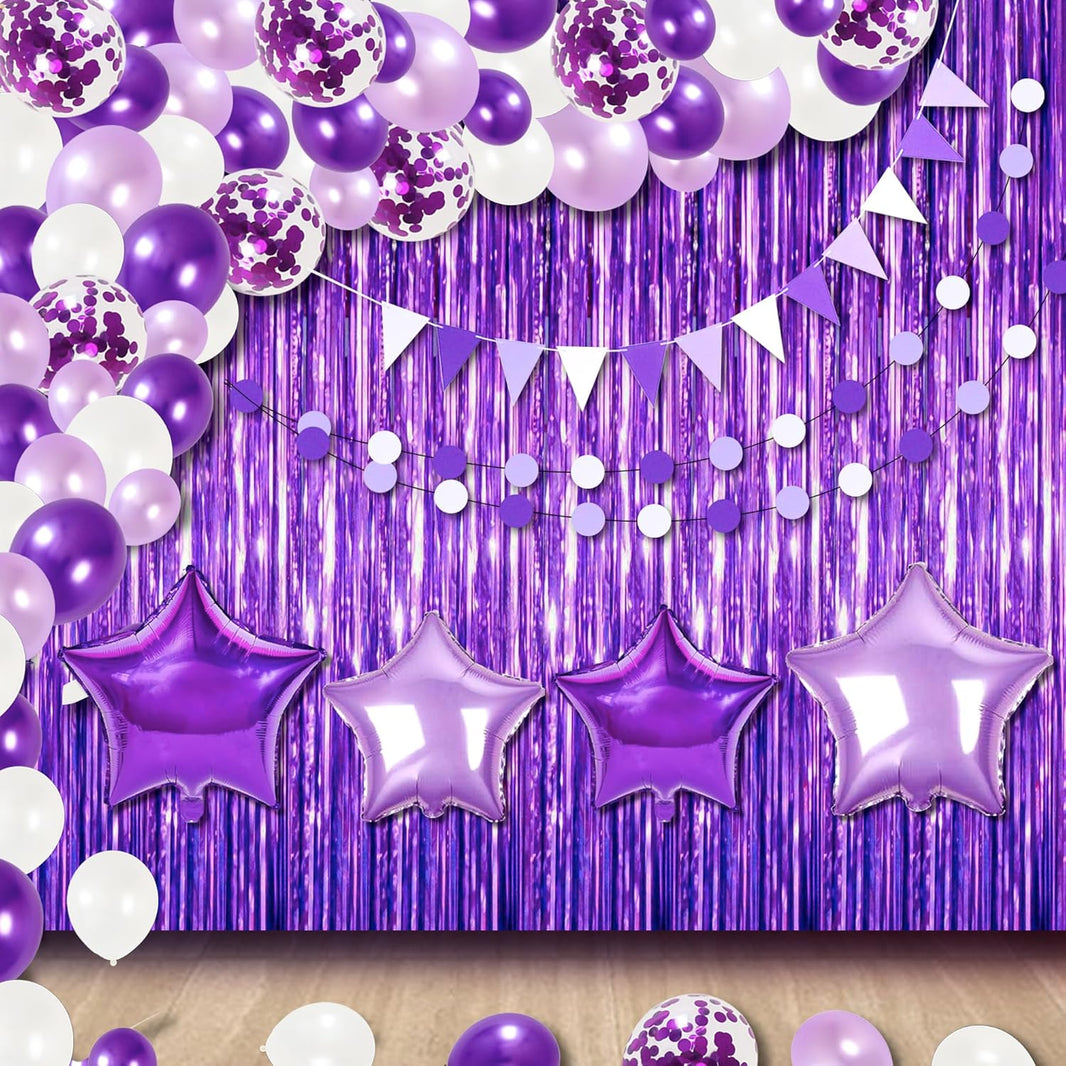 KatchOn, Purple Decorations Arch Set - Pack of 130 | Star Balloons, Fringe, Paper Fans, Swirls, latex Balloons for Graduation Decorations | Purple Birthday Decorations, Anniversary Decorations