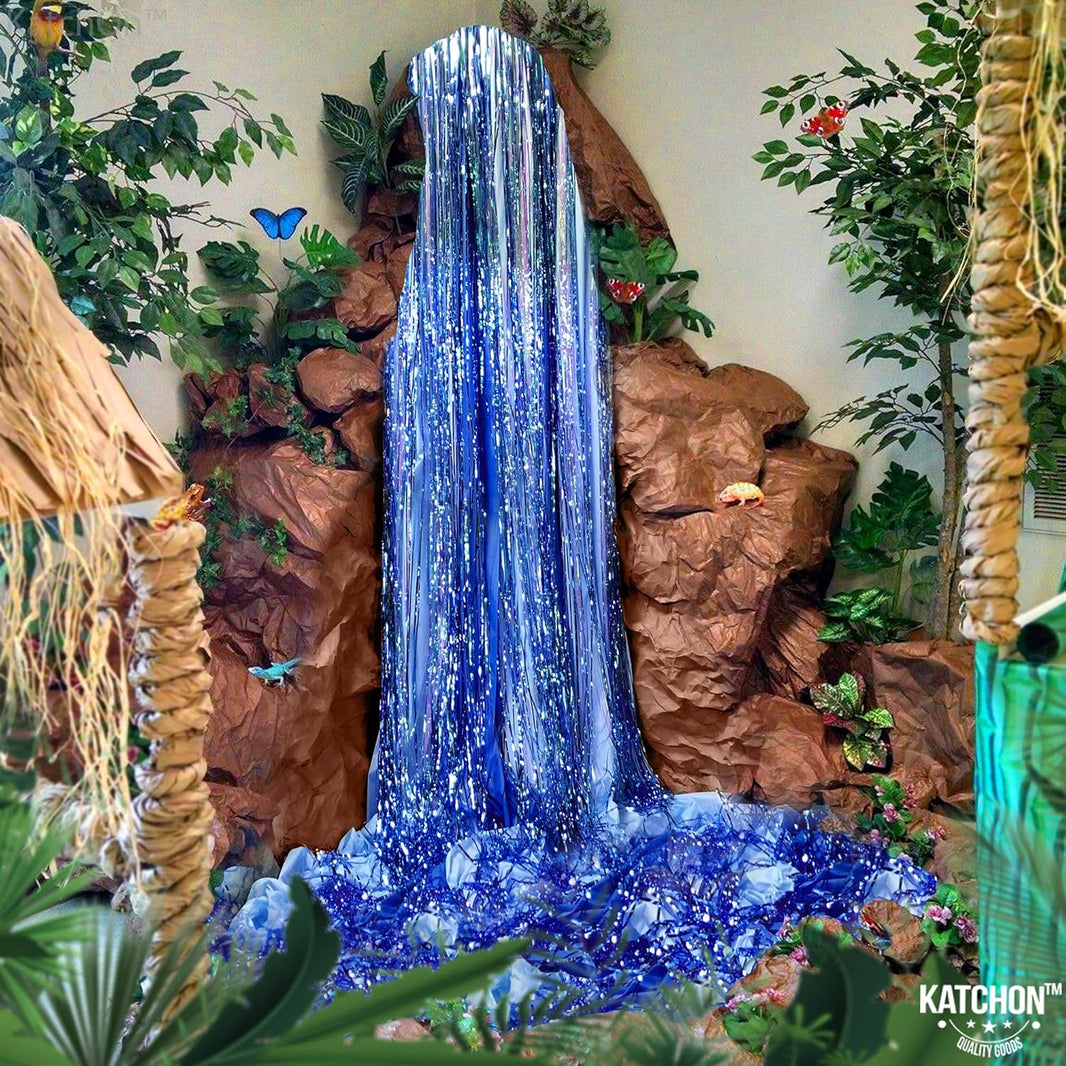 KatchOn Xtralarge Blue Fringe Backdrop - 8x3.2 Feet, Pack of 2 | Blue Streamers, Ocean Themed Party Decorations | Under The Sea Party Decorations, happy new year 2026 |