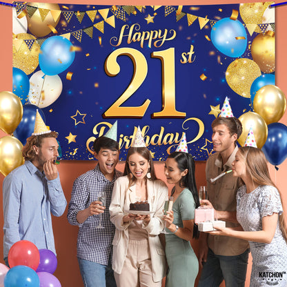 KatchOn, Blue and Gold Happy 21st Birthday Banner - XtraLarge, 72x44 Inch | Blue and Gold Backcrop Banner for 21st Happy Birthday Decorations  | 21 Party Decorations for Girl