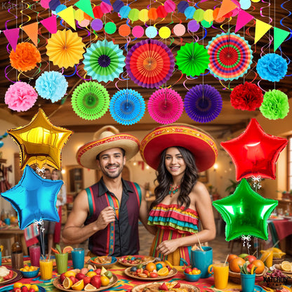 KatchOn, Cinco De Mayo Decorations Set - Pack of 37 | Fiesta Paper Fans, Fiesta Party Decorations | Mexican Banner, Cinco De Mayo Pom Poms | Star Fiesta Balloons and Swirls | Fiesta Decorations
