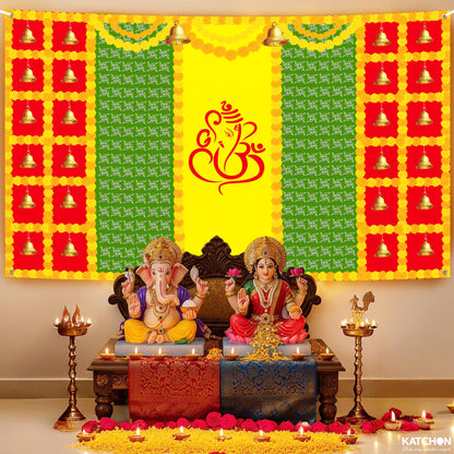 KatchOn, Indian Traditional Pooja Backdrop Decoration Cloth - 7.5×5 Feets | Ganpati Decoration Banner for Festival, Mehndi Photography, Wedding Party, Navratri Backdrop | Gruhapravesam Backdrop