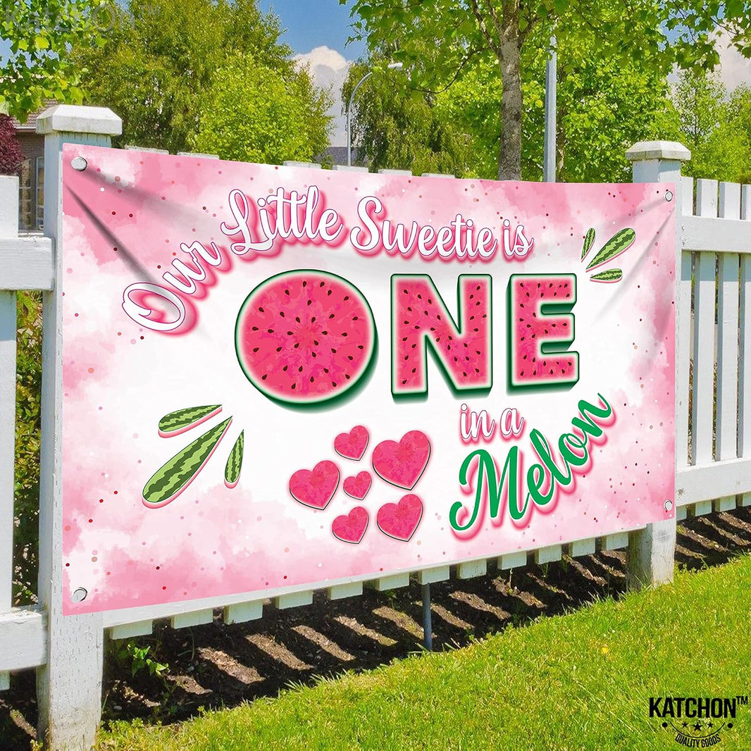 KatchOn One in a Melon Backdrop – 72x44 Inch | Watermelon Banner for One in a Melon Party Decorations, Watermelon Birthday Decorations
