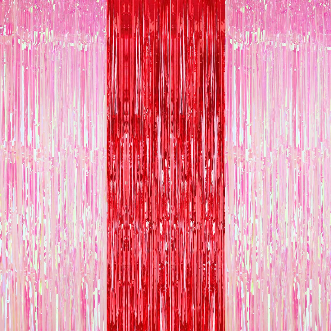 KatchOn, Xtralarge Pink and Red Streamer Backdrop - 3.2x8 Feet, Pack of 3 | Pink and Red Fringe Backdrop | Backdrop Curtain for Sweet Sixteen Party Decorations | Bachelorette Party Décor