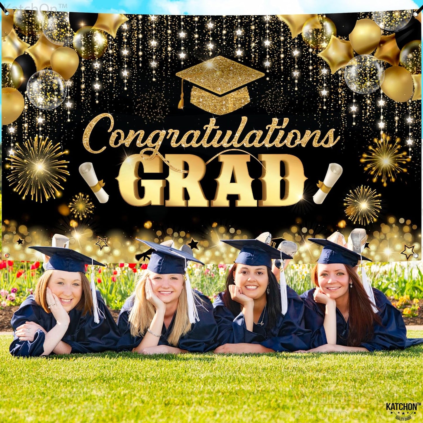 KatchOn, Congratulations Grad Banner - Large, 72x44 Inch | Glitter Black and Gold Graduation Backdrop, Graduation Decorations Class of 2024 | Congratulations Banner, 2024 Graduation Party Decorations