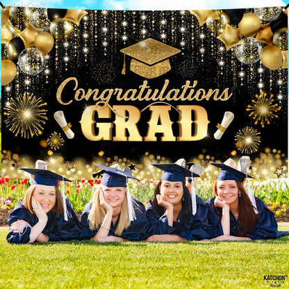 KatchOn, Congratulations Grad Banner - Large, 72x44 Inch | Glitter Black and Gold Graduation Backdrop, Graduation Decorations Class of 2024 | Congratulations Banner, 2024 Graduation Party Decorations
