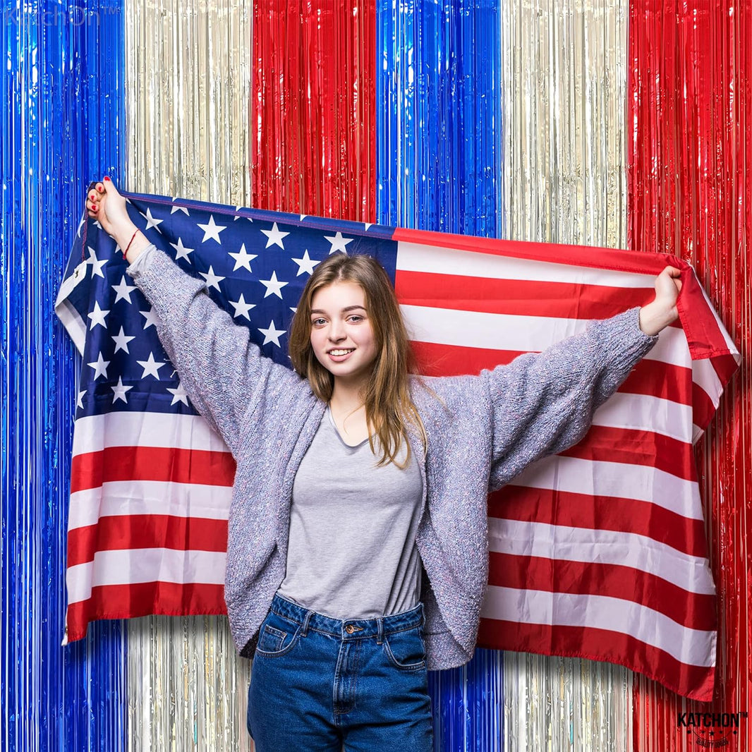 KatchOn, Red White and Blue Streamers - XtraLarge, 8x6.4 Feet, Pack of 2 | Red White and Blue Decorations | French Decorations | Red White and Blue Fringe Curtain for White Trash Party Decorations