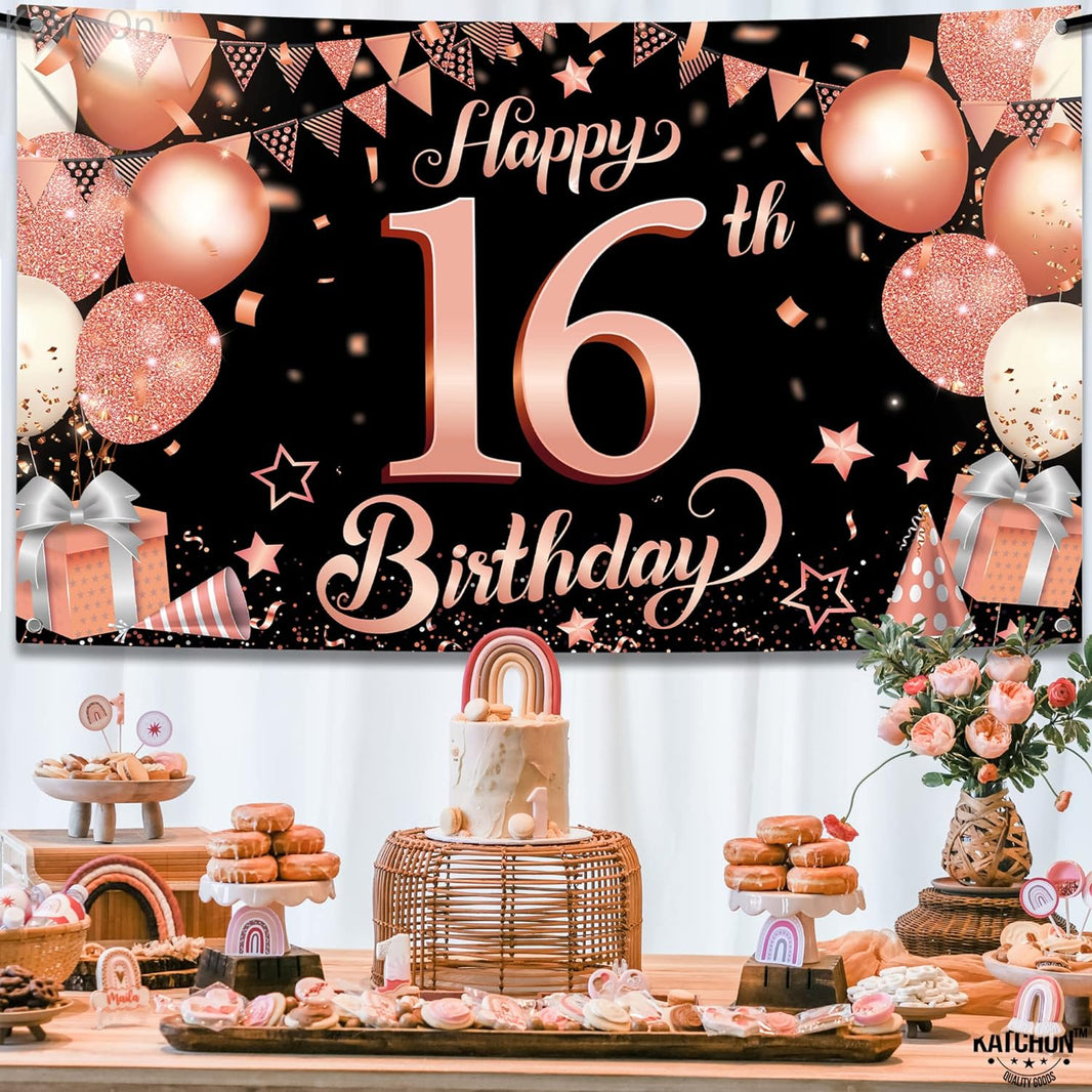 Katchon, Rose Gold Happy 16th Birthday Banner - XtraLarge, 72x44 Inch | 16th Birthday Backdrop, Rose Gold Sweet 16 Birthday Decorations for Girls | Sweet Sixteen Backdrop, 16th Birthday Decorations