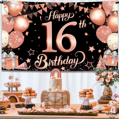 Katchon, Rose Gold Happy 16th Birthday Banner - XtraLarge, 72x44 Inch | 16th Birthday Backdrop, Rose Gold Sweet 16 Birthday Decorations for Girls | Sweet Sixteen Backdrop, 16th Birthday Decorations