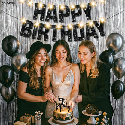 KatchOn, Black and Silver Birthday Decorations Set - Pack of 5 | Glitter Happy Birthday Banner, Silver Backdrop, Led Light, Cake Topper | Happy Birthday Decorations for Men | Halloween Decorations